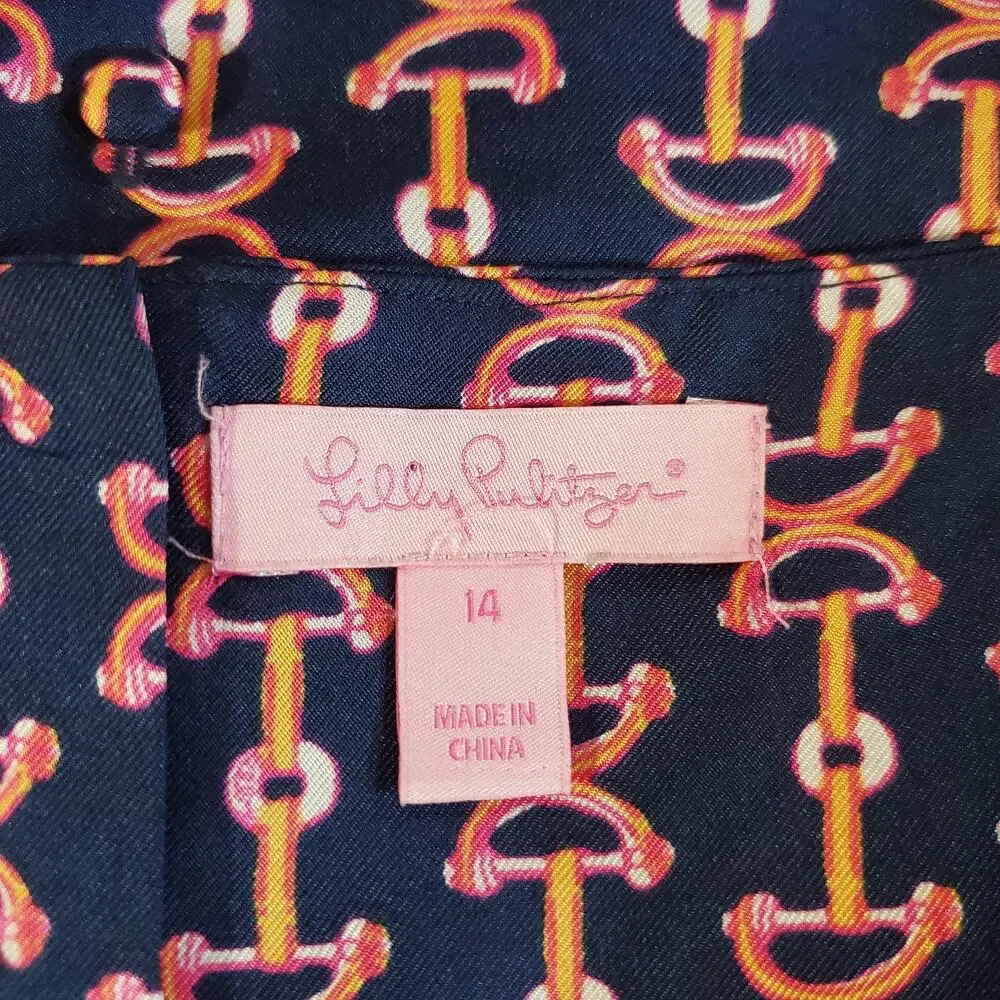 Lilly Pulitzer Lil Bit Equestrian Print Silk Ruffle Blouse Sz 14 Blue Pink Horse